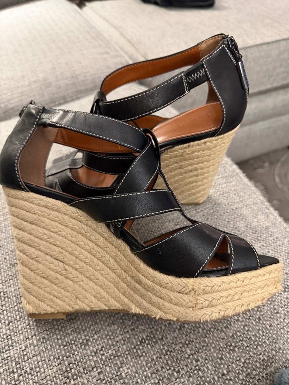 Calvin Klein Blaire Black Leather Espadrille Platform Wedge Sandals Size 8.5